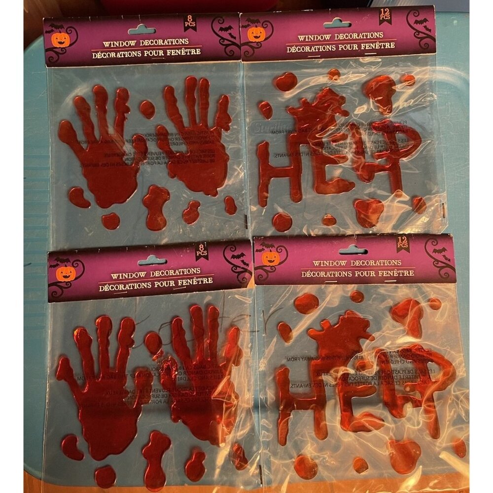 4~Ct Halloween Bloody Gel Window Cling Stickers~2~Hands Keep Out 2~Help Get Out